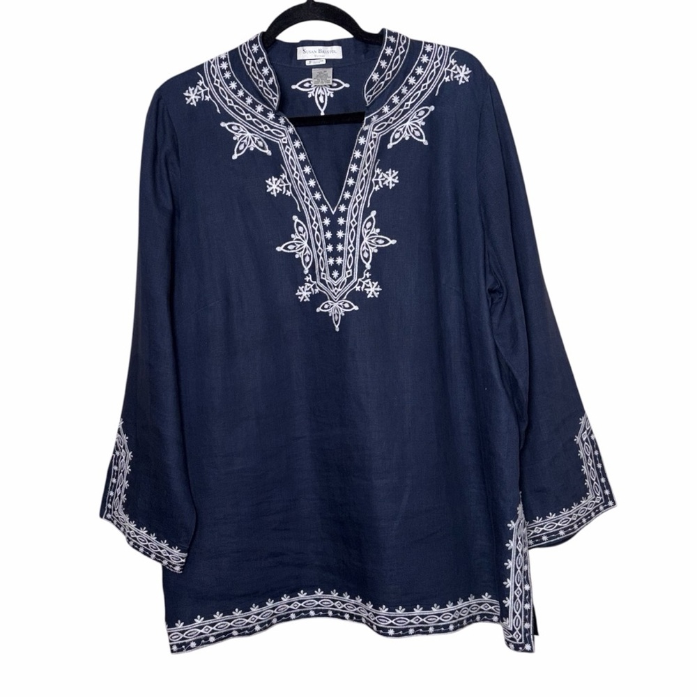 Susan Bristol 100% Linen Embroidered Tunic In Navy Size 1X